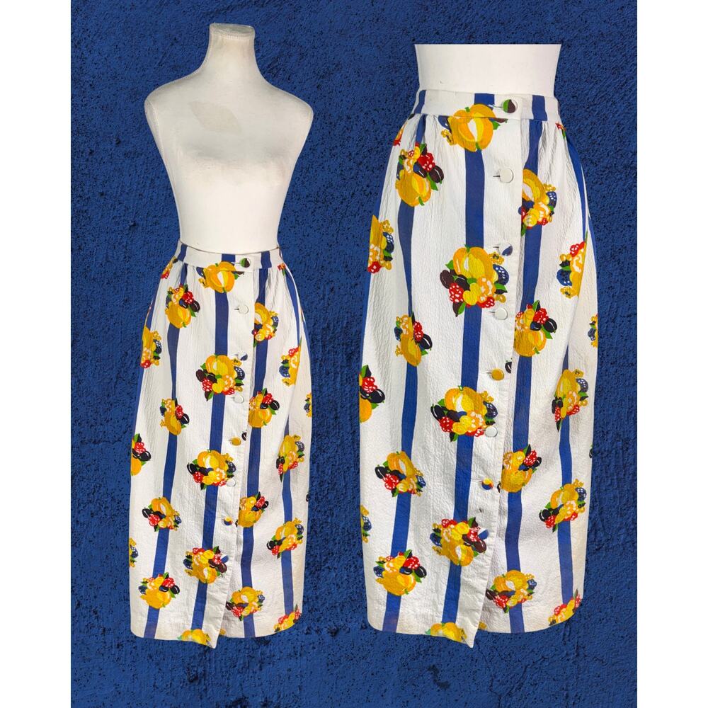 Vintage 70s John California Blue White Stripe Maxi Button Front Hippy Skirt S